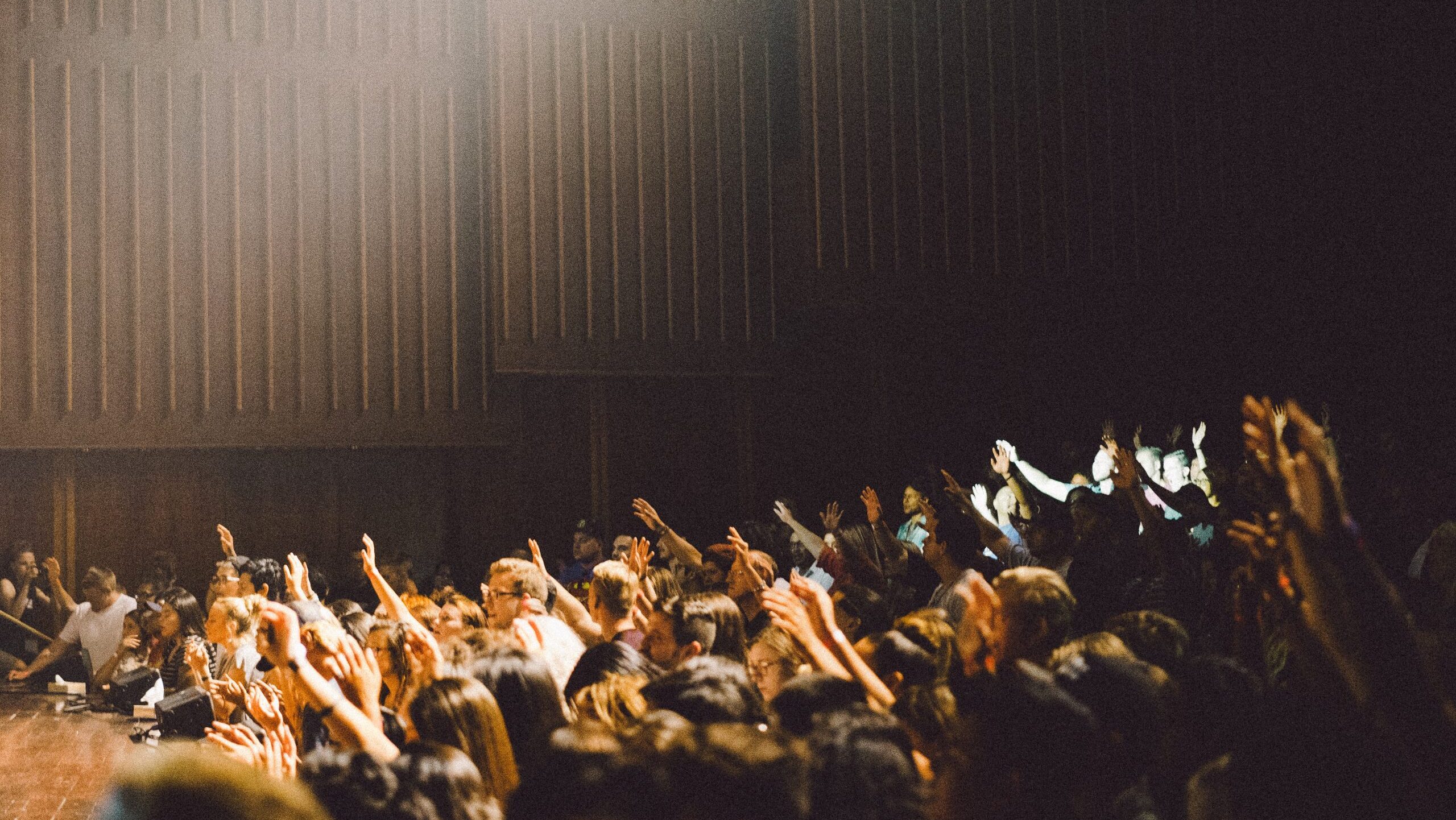 Crowd with raised hands.