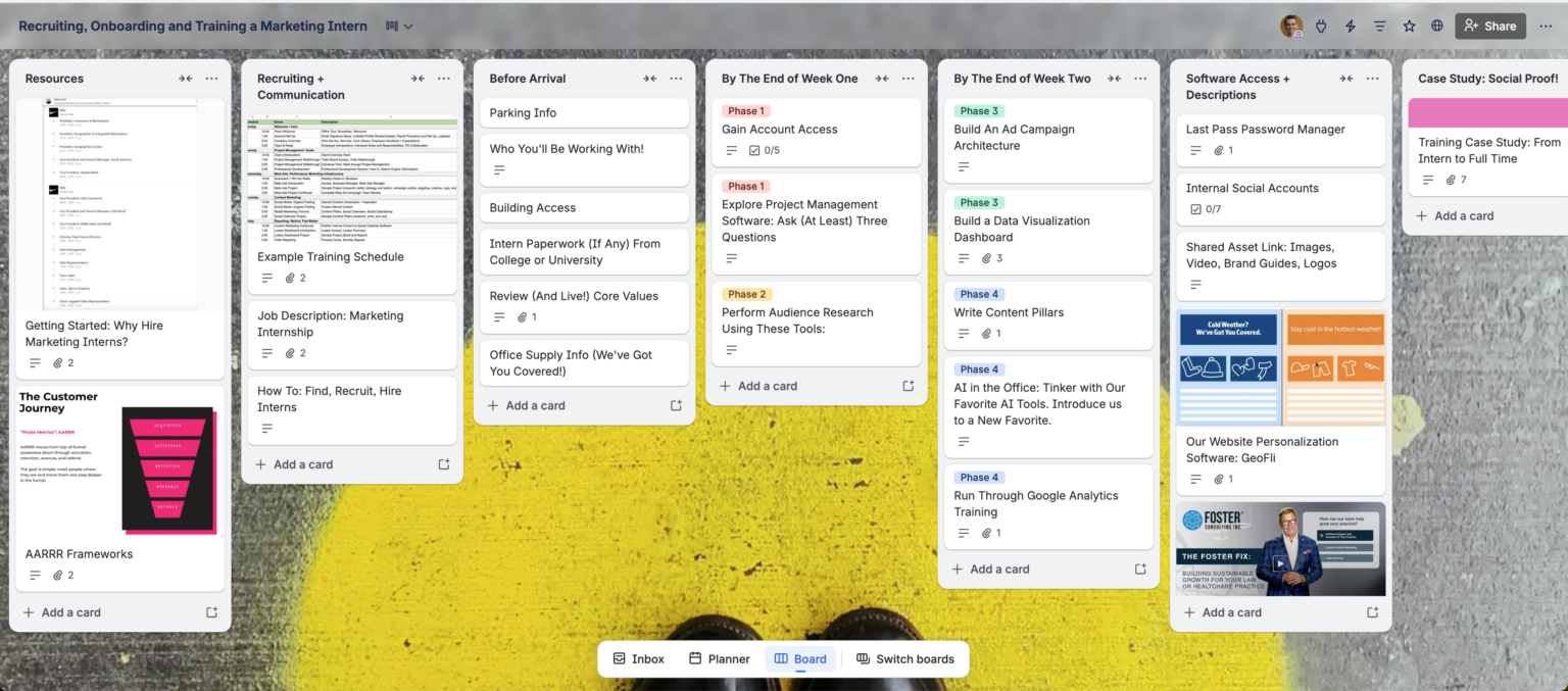 Trello onboarding internship board.